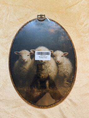 Oval Framed Lamb Trio Wall Art - Neutral Tones